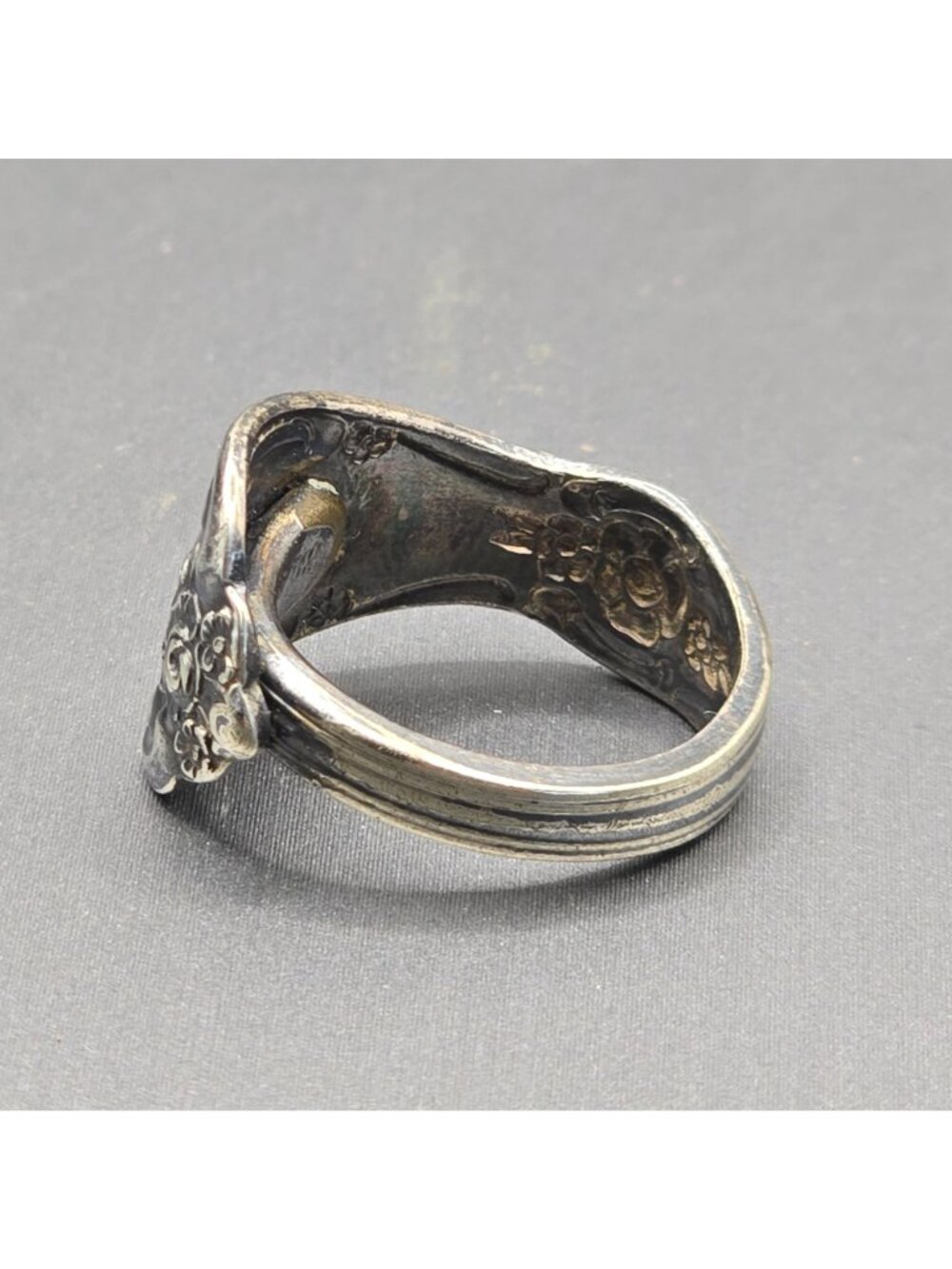 Vintage Oneida Silver Plate Spoon Ring Size 5 Rustic Floral Tapered Adjustable - Picture 2 of 10